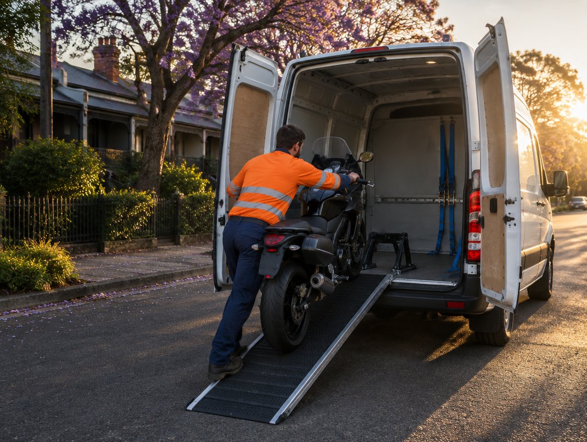 A worker in hi-vis wheeling a motorcycle up a ramp into a white transport van